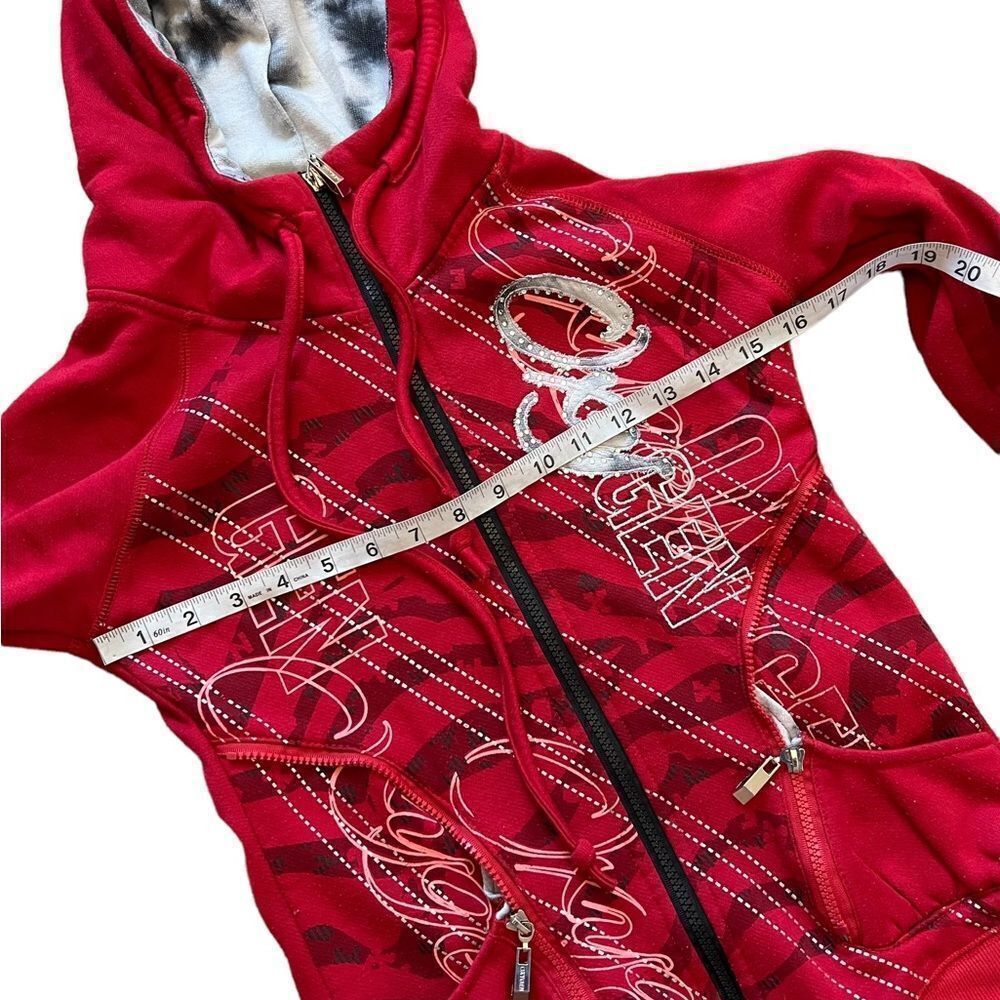 Red Embellished Graphic Print Zip Up Hooded Long Sleeve Casual Sweatshirt S - Picture 6 of 9